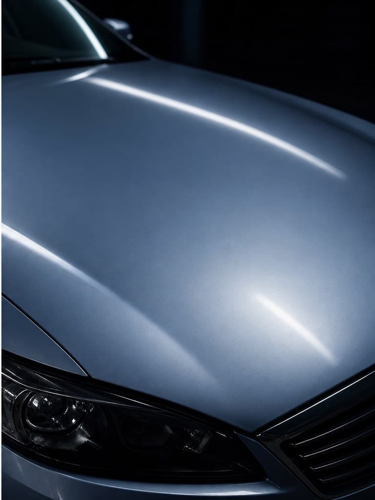 Same vehicle hood restored to flawless factory condition after paintless dent repair